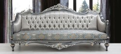 Casa Padrino sofá barroco de lujo plata / turquesa / oro 248 x 96 x A. 118 cm - Magnífica sofá de salón de madera maciza con patrón elegante y cojines decorativos - Muebles de salón barrocos