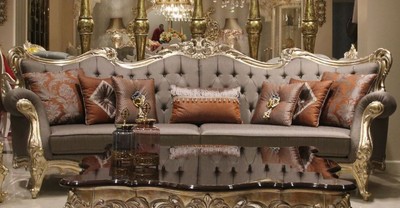 Casa Padrino canapé de salon baroque de luxe gris / or 300 x 98 x H. 120 cm - Canapé de style baroque magnifique - Mobilier de salon baroque noble