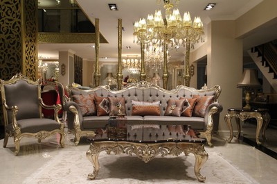 Casa Padrino luxury baroque living room set gray / dark brown / gold - 2 Sofas & 2 Armchairs & 1 Coffee Table & 2 Side Tables - Living room furniture in baroque style - Noble & Magnificent