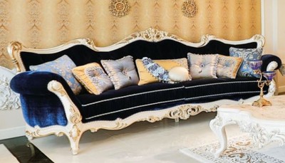 Casa Padrino canapé de salon baroque de luxe bleu foncé / blanc / or 300 x 98 x H. 120 cm - Canapé de style baroque magnifique - Mobilier de salon baroque noble