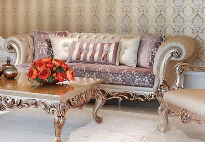 Casa Padrino canapé baroque de luxe violet / crème / beige / cuivre 260 x 100 x H. 90 cm - Magnifique canapé de salon avec motif noble - Mobilier de salon baroque