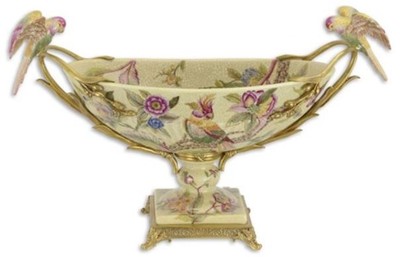 Casa Padrino ciotola in porcellana Art Nouveau con disegno di fiori e manici a pappagallo multicolore / ottone 53,4 x 21,3 x A. 32,3 cm - Accessori Decorativi