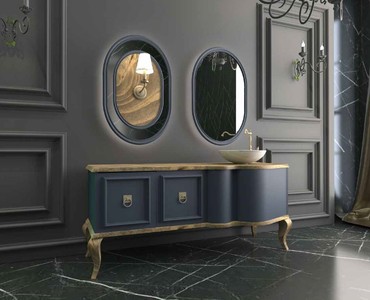 Casa Padrino Luxus Barock Badezimmer Set Naturfarben / Blau - 1 Waschtisch mit 2 Türen und 1 Waschbecken und 2 Wandspiegel - Prunkvolle Badezimmermöbel