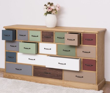 Casa Padrino Landhausstil Kommode Hellbraun / Mehrfarbig 180 x 48 x H. 95 cm - Massivholz Schrank mit 19 Schubladen - Landhausstil Möbel