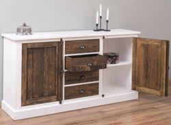 Casa Padrino aparador de estilo campestre blanco / marrón oscuro 180 x 48 x A. 93 cm - Armario de madera maciza con 2 puertas y 4 cajones - Muebles de estilo campestre