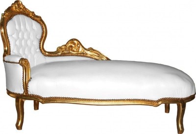 Casa Padrino Chaise Longue Barocca King Bianco / Oro Ecopelle - Mobili in Stile Antico, Lunghezza 155 cm Casa Padrino Chaise Longue Barocca King Bianco / Oro Ecopelle - Mobili in Stile Antico, Lunghezza 155 cm