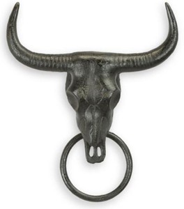 Casa Padrino toallero de pared de hierro fundido calavera de toro con anilla negro 19,6 cm - Accesorios de Baño