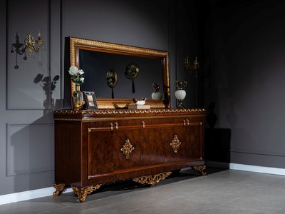 Casa Padrino Luxus Barock Möbel Set Sideboard mit Spiegel Braun / Bronze / Gold - Edler Massivholz Schrank mit elegantem Wandspiegel - Möbel im Barockstil