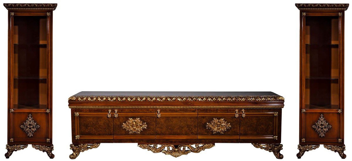 Casa Padrino ensemble de meubles baroques de luxe marron / or - Armoire TV en bois massif noble avec 2 vitrines - Mobilier de salon baroque Casa Padrino ensemble de meubles baroques de luxe marron / or - Armoire TV en bois massif noble avec 2 vitrines - Mobilier de salon baroque