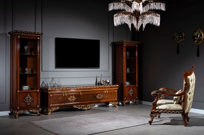 Casa Padrino Luxus Barock Möbel Set Braun / Gold - Edler Massivholz TV Schrank mit 2 Vitrinen - Barock Wohnzimmer Möbel