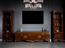 Casa Padrino ensemble de meubles baroques de luxe marron / or - Armoire TV en bois massif noble avec 2 vitrines - Mobilier de salon baroque