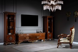 Casa Padrino ensemble de meubles baroques de luxe marron / or - Armoire TV en bois massif noble avec 2 vitrines - Mobilier de salon baroque