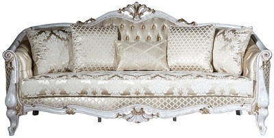 Casa Padrino canapé baroque de luxe or / blanc antique / or 250 x 90 x H. 112 cm - Canapé de salon avec motif élégant et oreillers décoratifs - Mobilier de salon baroque