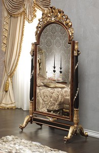 Luxus Barock Massivholz Spiegel Standspiegel mit Rollen Braun Schwarz Gold Silber Luxury Baroque Solid Wood Mirror Standing Mirror with Wheels Brown Black Gold Silver