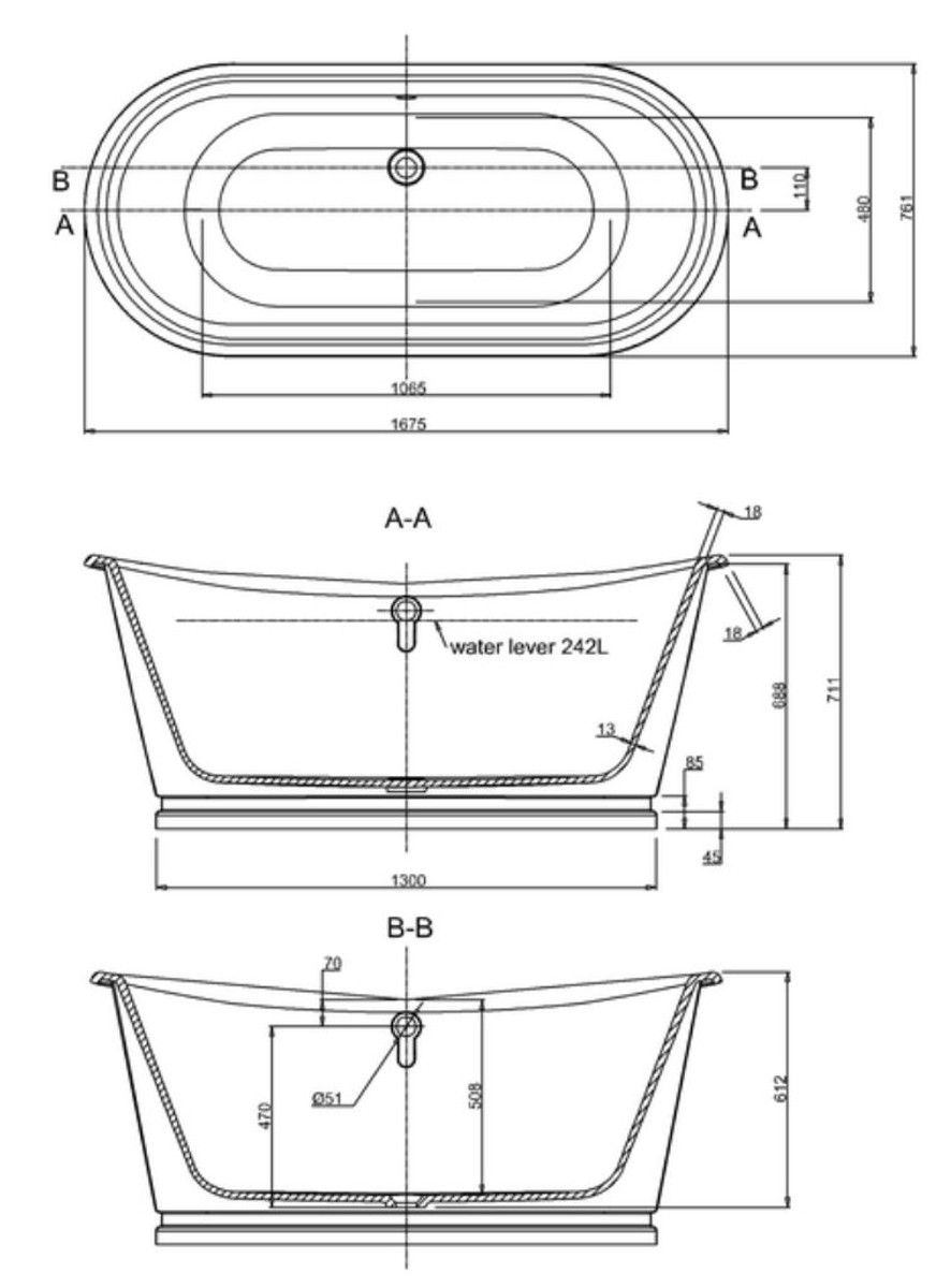 Casa Padrino Luxus Jugendstil Badewanne 167,5 x 76,1 x H. 71,1 cm - Verschiedene Farben - Freistehende Retro Badewanne - Badezimmer Möbel