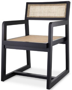 Casa Padrino silla de comedor de lujo negro / natural 58,5 x 65,5 x A. 89 cm - Silla de madera maciza con reposabrazos y ratán tejido a mano - Muebles de comedor de lujo
	
