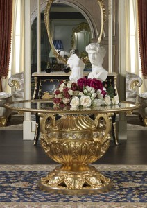 Casa Padrino tavolo da pranzo barocco di lusso oro / argento Ø 120 x A. 78 cm - Tavolo da pranzo intagliato a mano con piano in vetro - Mobili castello hotel ristorante - Qualità di Lusso