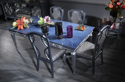 Casa Padrino tavolo da pranzo barocco di lusso blu / argento 209 x 104 x A. 79 cm - Tavolo da cucina in legno massello nobile con piano in vetro - Mobili per sala da pranzo in stile barocco