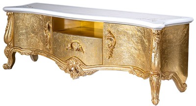 Casa Padrino Luxus Barock TV Schrank Weiß / Gold 176 x 48 x H. 61 cm - Prunkvoller Fernsehschrank mit 2 Türen und Schublade - Barock Wohnzimmer Möbel