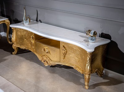 Casa Padrino Luxus Barock TV Schrank Weiß / Gold 176 x 48 x H. 61 cm - Prunkvoller Fernsehschrank mit 2 Türen und Schublade - Barock Wohnzimmer Möbel