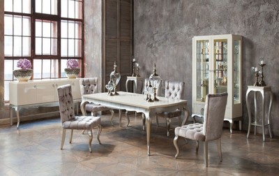 Casa Padrino Art Deco Esstisch Creme / Silber 189-240 x 108 x H. 76 cm - Ausziehbarer Massivholz Küchentisch - Art Deco Esszimmer Möbel