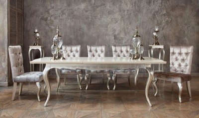 Casa Padrino Art Deco Esstisch Creme / Silber 189-240 x 108 x H. 76 cm - Ausziehbarer Massivholz Küchentisch - Art Deco Esszimmer Möbel