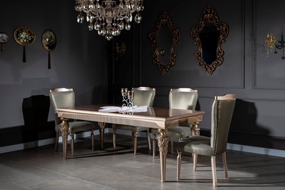 Casa Padrino Luxus Barock Esszimmer Set Grün / Silber / Kupfer / Gold - 1 Esstisch & 6 Esszimmerstühle - Barock Esszimmer Möbel - Edel & Prunkvoll