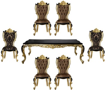 Casa Padrino luxury baroque dining room set brown / black / gold - 1 Dining Table & 6 Dining Chairs - Magnificent dining room furniture in baroque style Casa Padrino luxury baroque dining room set brown / black / gold - 1 Dining Table & 6 Dining Chairs - Magnificent dining room furniture in baroque style