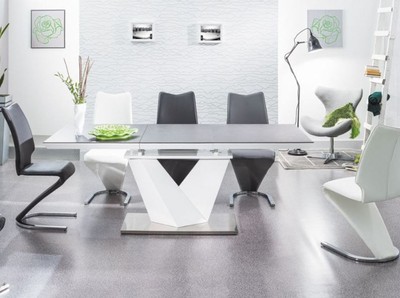 Casa Padrino Designer Esstisch Schwarz / Weiß / Silber - Verschiedene Tischgrößen - Moderner Ausziehbarer Küchentisch mit Tischplatte in Steinoptik - Esszimmer Möbel
