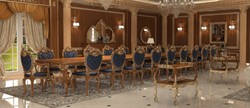 Casa Padrino ensemble de 4 chaises de salle à manger baroques de luxe bleu foncé / marron / or 57 x 62 x H. 105 cm - Mobilier de château d'hôtel-restaurant - Qualité de luxe - Fabriqué en Italie