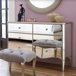 Casa Padrino Neoclassical Chest of Drawers Silver 141 x 48.5 x H. 95 cm - Mirrored Solid Wood Dresser with 6 Drawers - Furniture in a Neoclassical Style