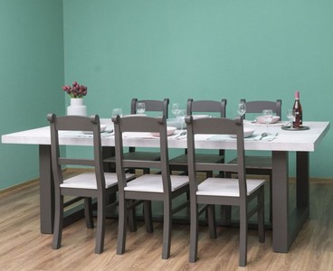 Landhausstil Massivholz Esszimmer Set Esstisch und 6 Stühle Hellgrau Grau Country Style Solid Wood Dining Room Set Dining Table and 6 Chairs Light Gray Gray