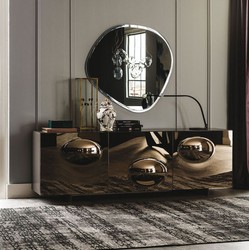 Verspiegeltes Luxus Designer Sideboard mit 3 Türen Graphit Matt Bronze Mirrored Luxury Designer Sideboard with 3 Doors Graphite Matt Bronze