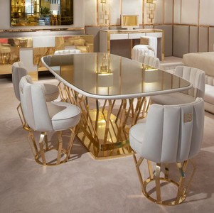 Casa Padrino set da pranzo di design di lusso avorio / oro - 1 Tavolo da Pranzo e 6 Sedie da Pranzo - Mobili per sala da pranzo di design di lusso - Mobili per Hotel - Qualità di Lusso - Fatto in Italia