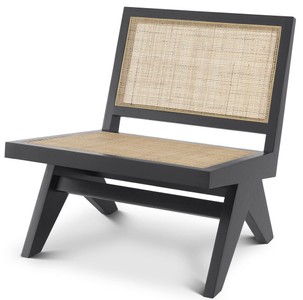 Luxus Massivholz Sessel Wohnzimmer Sessel mit Rattangeflecht Schwarz Naturfarben Luxury Solid Wood Armchair Living Room Armchair with Rattan Weave Black Natural
