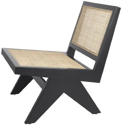 Luxus Massivholz Sessel Wohnzimmer Sessel mit Rattangeflecht Schwarz Naturfarben Luxury Solid Wood Armchair Living Room Armchair with Rattan Weave Black Natural