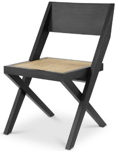 Casa Padrino sedia da pranzo di lusso nero / naturale 53 x 56 x A. 85 cm - Sedia in legno massello con rattan - Mobili per sala da pranzo di lusso