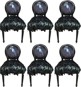 Casa Padrino ensemble de chaises de salle à manger baroque de luxe corbeau noir 50 x 60 x H. 104 cm - Chaises de cuisine faite main avec plumes artificiels - Mobilier de salle à manger baroque