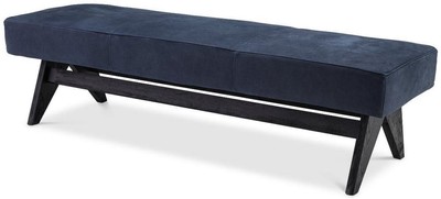 Casa Padrino panca di lusso in vera pelle blu / nero 164 x 54 x A. 44 cm - Panca imbottita in legno massello con nobile pelle di bufalo nabuk - Mobili di Lusso