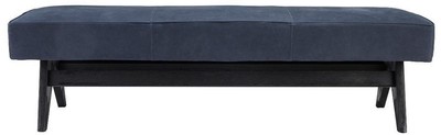 Casa Padrino Luxus Echtleder Bank Blau / Schwarz 164 x 54 x H. 44 cm - Gepolsterte Massivholz Sitzbank mit edlem Nubuk Büffelleder - Luxus Möbel