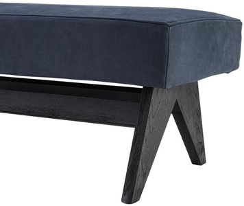 Casa Padrino Luxus Echtleder Bank Blau / Schwarz 164 x 54 x H. 44 cm - Gepolsterte Massivholz Sitzbank mit edlem Nubuk Büffelleder - Luxus Möbel