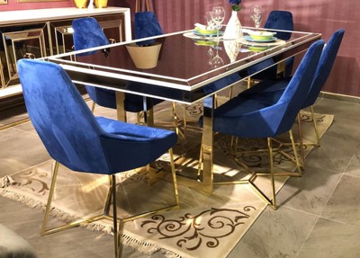Casa Padrino set da pranzo di lusso blu / bianco / oro - 1 Tavolo da Pranzo e 6 Sedie da Pranzo - Mobili da Sala da Pranzo di Lusso
