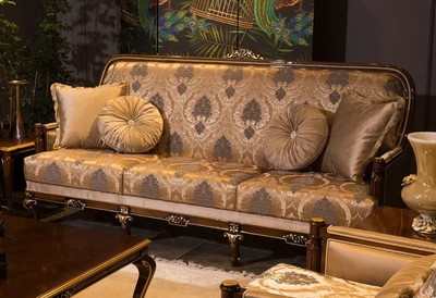 Casa Padrino luxury baroque sofa gray / brown / gold 221 x 80 x H. 110 cm - Living room sofa with elegant pattern and decorative pillows - Noble living room furniture in baroque style