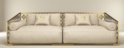 Casa Padrino sofá de lujo de 3 plazas marfil / oro champán 325 x 109 cm - Sofá hecho a mano con cojines - Sofá de sala de estar - Sofá de jardín - Sofá de terraza - Muebles de hotel - Calidad de Lujo