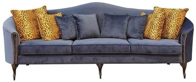 Casa Padrino luxury baroque velvet sofa blue / dark brown 280 x 90 x H. 100 cm - Noble living room sofa with decorative pillows - Baroque living room furniture - Luxury Quality
