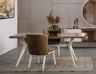 Casa Padrino set da pranzo Art Déco di lusso marrone / bianco / oro - 1 Tavolo da Pranzo e 6 Sedie da Pranzo - Mobili da Pranzo Art Deco