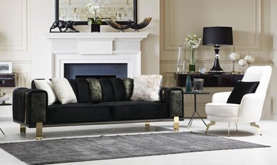 Casa Padrino Luxus Wohnzimmer Sofa mit verstellbarer Rückenlehne Schwarz / Gold 223 x 93 x H. 76 cm - Wohnzimmer Möbel - Luxus Möbel