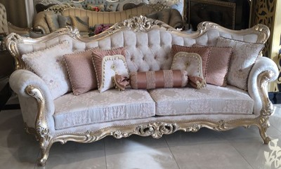 Casa Padrino luxury baroque living room sofa cream / pink / gold 300 x 98 x H. 120 cm - Magnificent sofa in baroque style - Noble baroque living room furniture