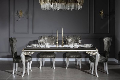 Casa Padrino luxury baroque dining room set green / gold / white - 1 Dining Table with Glass Top & 6 Dining Chairs - Noble dining room furniture in baroque style