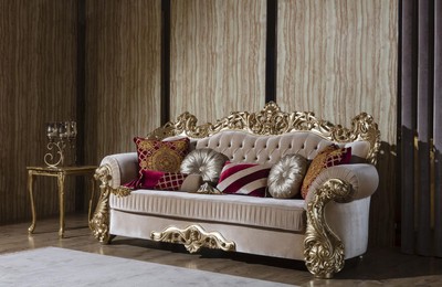 Casa Padrino Luxus Barock Sofa Beige / Gold 244 x 95 x H. 123 cm - Prunkvolles Wohnzimmer Sofa mit dekorativen Kissen - Barock Wohnzimmer Möbel